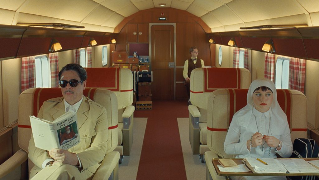 (L to R) Benicio Del Toro as Zsa-Zsa Korda, Michael Cera as Bjorn and Mia Threapleton as Liesl in director Wes Anderson's The Phoenician Scheme