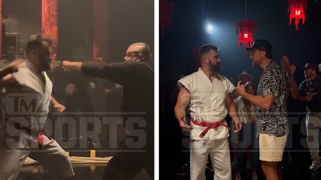 Jason Kelce Films Beer Commercial With Travis, Chuck Liddell, Takes Fake Punch