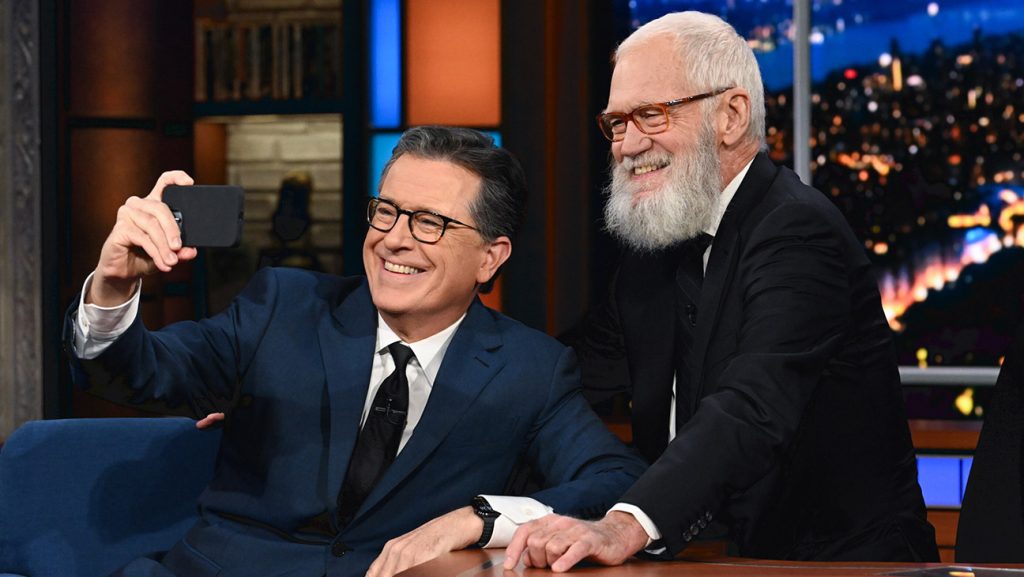 The Late Show with Stephen Colbert and guest David Letterman during Monday’s November 20, 2023 show.