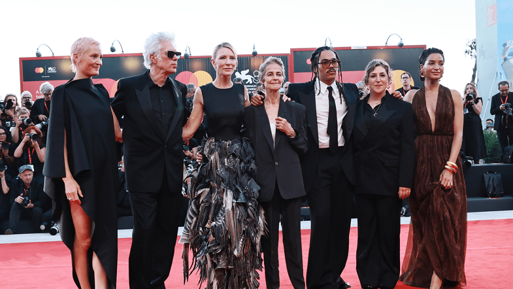 (L-R) Vicky Krieps, Jim Jarmusch, Cate Blanchett, Charlotte Rampling, Luka Sabbat, Mayim Bialik and Indya Moore attend the 'Father Mother Sister Brother' red carpet during the 82nd Venice International Film Festival.