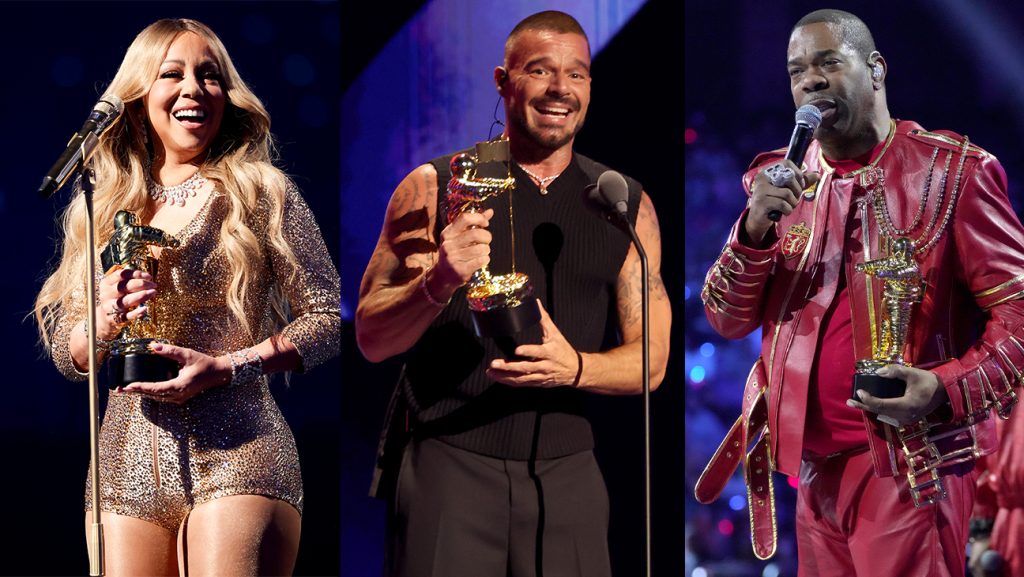 From left: Mariah Carey, Ricky Martin and Busta Rhymes were all honored at the 2025 VMAs on Sunday night.