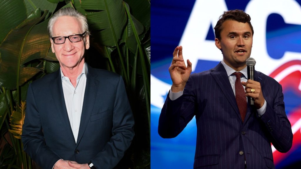 Split image of Bill Maher and Charlie Kirk