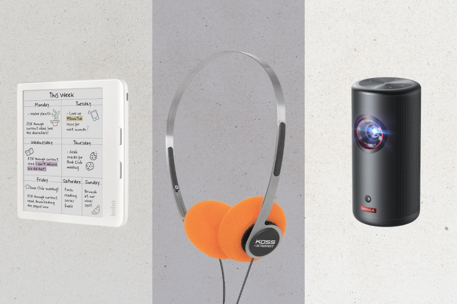 The 30 Best Tech Gifts (That You Don’t Have to Be Tech-Savvy to Use) Kobo e-reader, koss headphones, nebula projector on gray background; tech gift guide