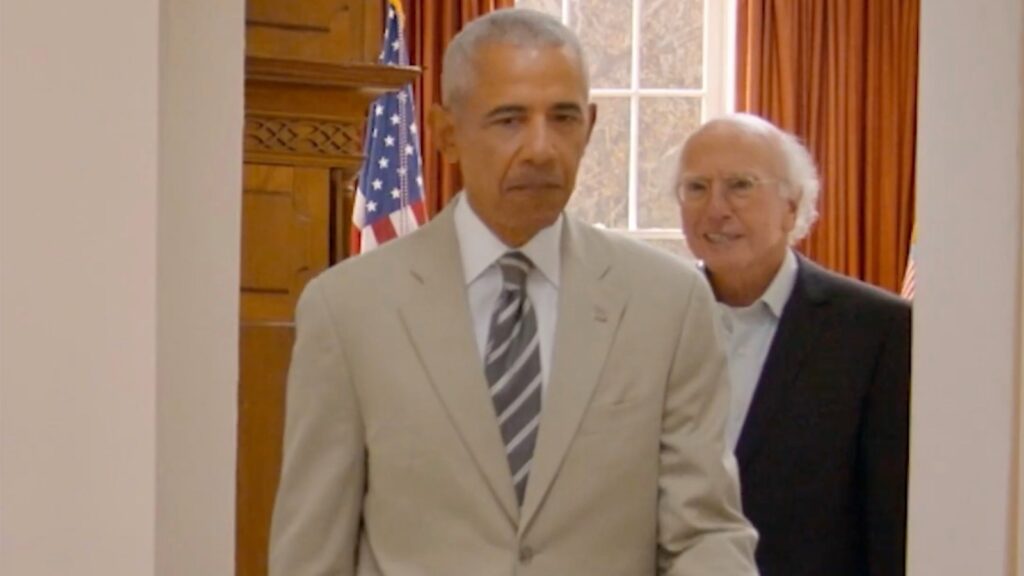 Barack Obama Pokes Fun at Tan Suit Debacle on Larry David’s HBO Show Barack Obama Pokes Fun at Tan Suit Debacle on Larry David's HBO Show