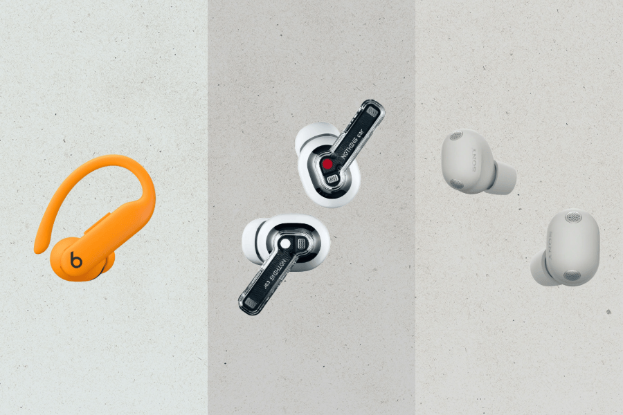 Discounts on Sony, Anker, More Best earbuds deals october prime day; beats, nothing, sony earbuds on gray background